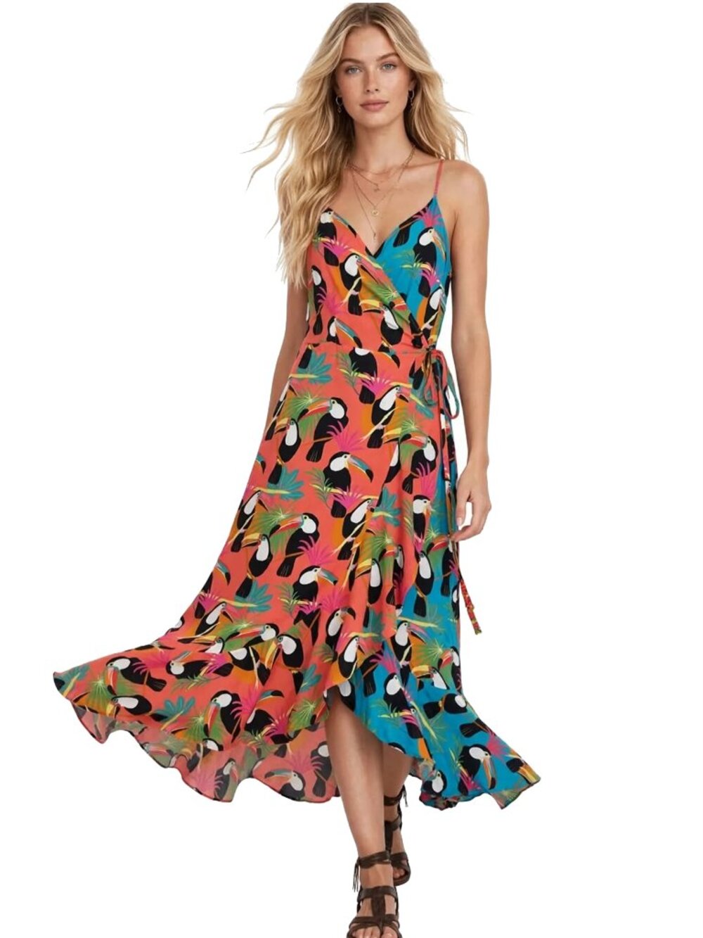 Anthropologie Farm Rio Toucon Wrap Maxi Dress Rayon Flounce Sleeveless